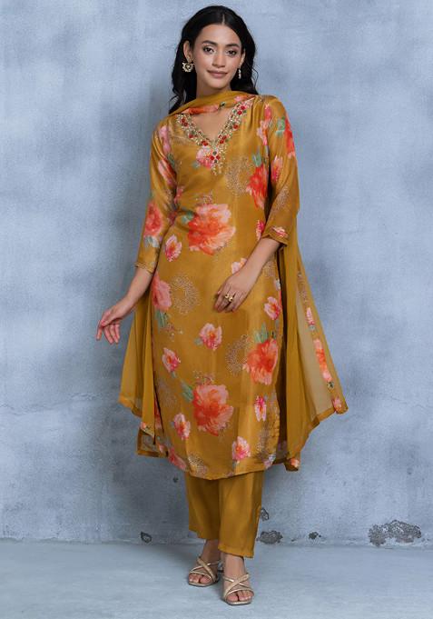 Mustard Yellow Floral Print Cutdana Embroidered Kurta Set With Pants And Dupatta