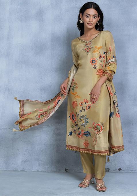 Olive Green Floral Print Sequin Embellished Kurta Set With Pants And Floral Print Dupatta