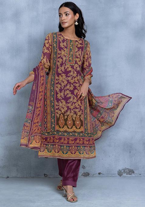 Purple Floral Print Mukaish Work Kurta Set With Pants And Floral Print Dupatta