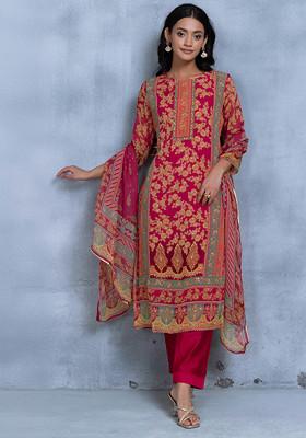 Pink Floral Print Mukaish Work Kurta Set With Pants And Floral Print Dupatta