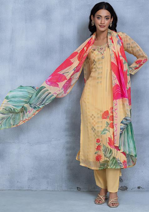 Yellow Floral Print Sequin Cutdana Embellished Kurta Set With Pants And Floral Print Dupatta