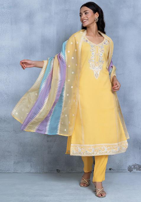 Yellow Floral Cutdana Embellished Kurta Set With Pants And Embroidered Dupatta