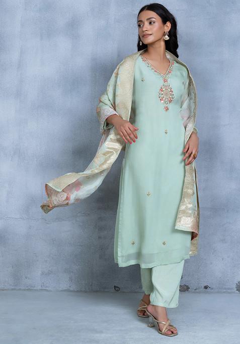 Green Bead Cutdana Embellished Kurta Set With Pants And Floral Print Dupatta