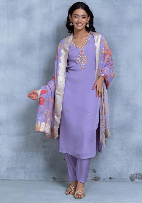 Purple Bead Cutdana Embellished Kurta Set With Pants And Floral Print Dupatta