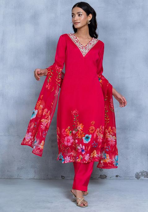 Pink Zari Mirror Embellished Kurta Set With Pants And Floral Print Dupatta