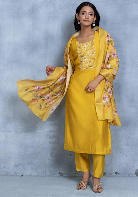 Yellow Cutdana Sequin Embellished Kurta Set With Pants And Embellished Dupatta