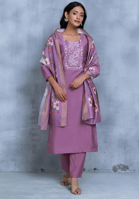 Purple Sequin Cutdana Embellished Kurta Set With Pants And Embellished Dupatta