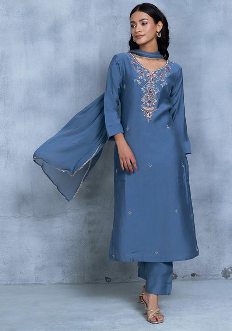 Blue Sequin Cutdana Embellished Kurta Set With Pants And Embellished Dupatta