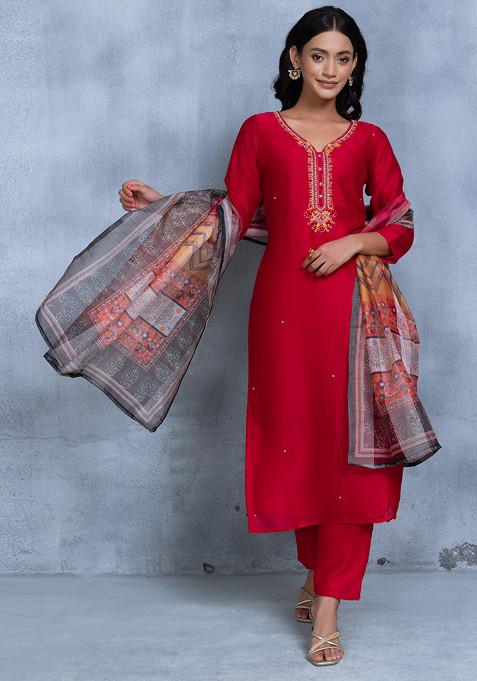 Red Bead Embellished Kurta Set With Pants And Printed Dupatta