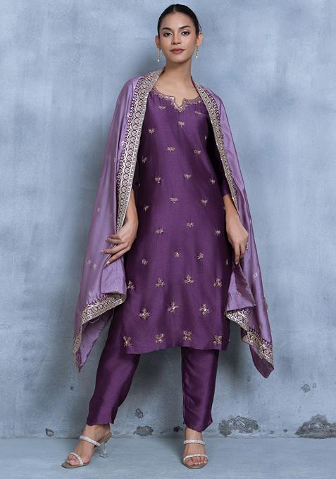 Purple Sequin Mirror Embellished Kurta Set With Pants And Embellished Dupatta