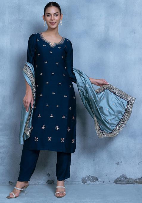 Teal Blue Sequin Mirror Embellished Kurta Set With Pants And Embellished Dupatta