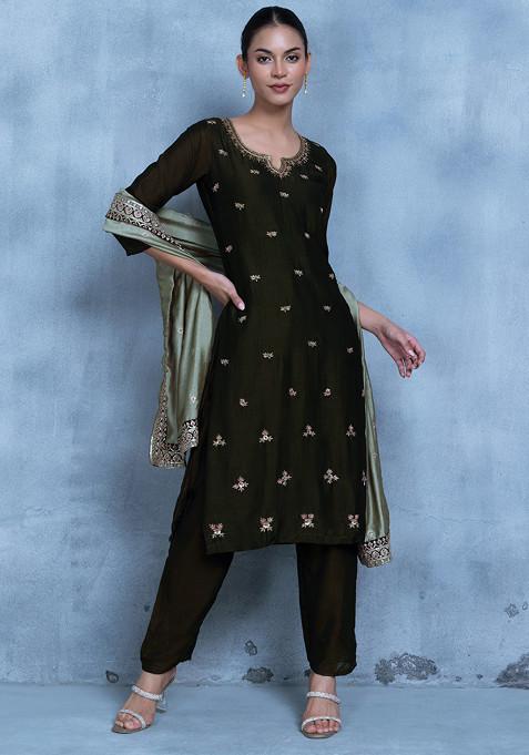 Olive Green Sequin Mirror Embellished Kurta Set With Pants And Embellished Dupatta