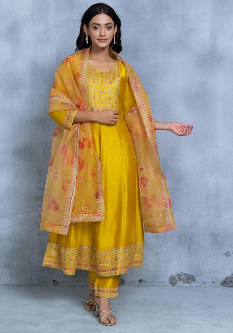 Yellow Anarkali Set With Floral Zari Embroidered Kurta And Printed Dupatta