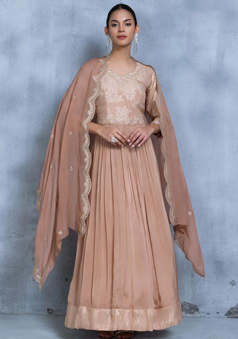 Beige Sequin Embellished Anarkali Kurta With Embellished Dupatta