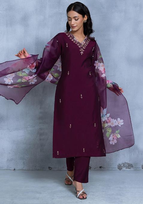 Maroon Cutdana Embellished Kurta Set With Pants And Floral Print Dupatta