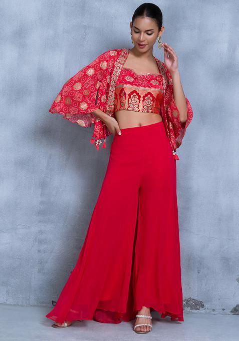 Red Sharara Set With Bead Embellished Blouse And Embellished Jacket