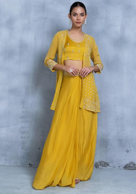 Yellow Pleated Skirt Set With Bead Embellished Blouse And Embellished Jacket