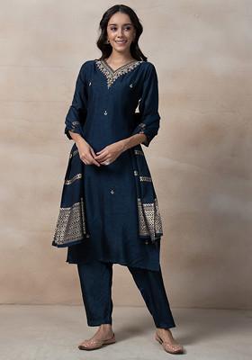 Navy Blue Bead Embellished Kurta Set With Pants And Brocade Dupatta