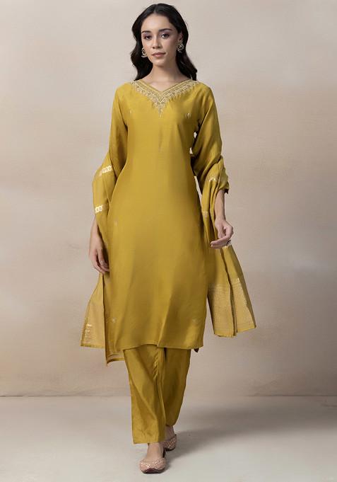 Mustard Embellished Kurta Set With Pants And Brocade Dupatta