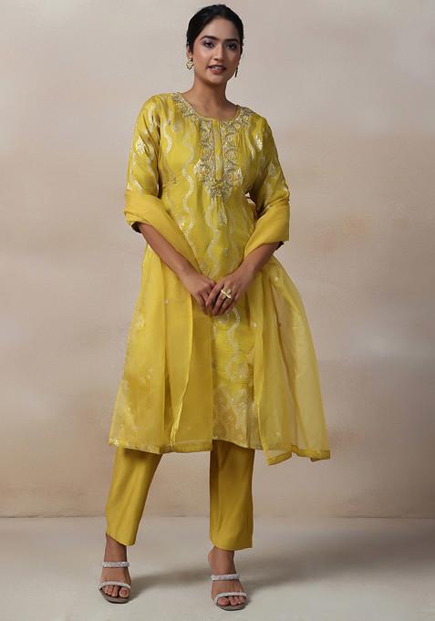 Yellow Bead Sequin Embellished Kurta Set With Pants And Dupatta