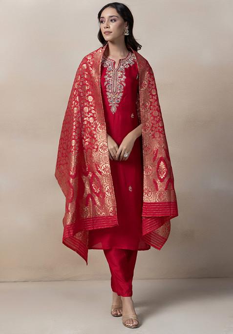 Rani Pink Bead Embellished Kurta Set With Pants And Brocade Dupatta