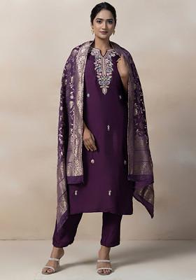 Purple Embellished Bead Kurta Set With Pants And Brocade Dupatta