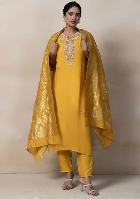 Mustard Bead Embellished Kurta Set With Pants And Brocade Dupatta