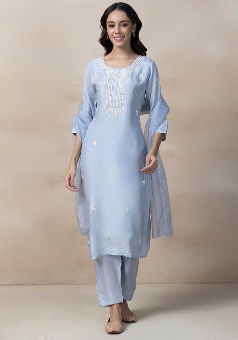 Blue Bead Embellished Kurta Set With Pants And Organza Dupatta