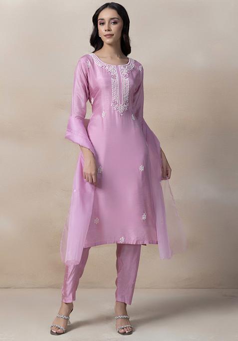 Pink Bead Embellished Kurta Set With Pants And Organza Dupatta