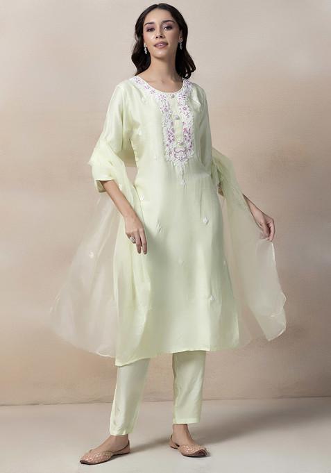 Light Yellow Bead Embellished Kurta Set With Pants And Organza Dupatta