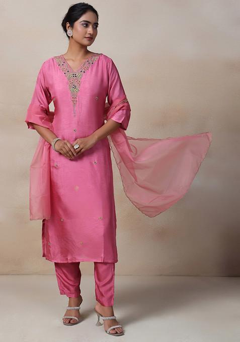 Pink Sequin Bead Embellished Kurta Set With Pants And Organza Dupatta