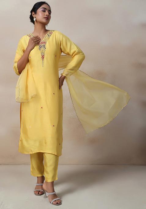 Yellow Sequin Bead Embellished Kurta Set With Pants And Organza Dupatta