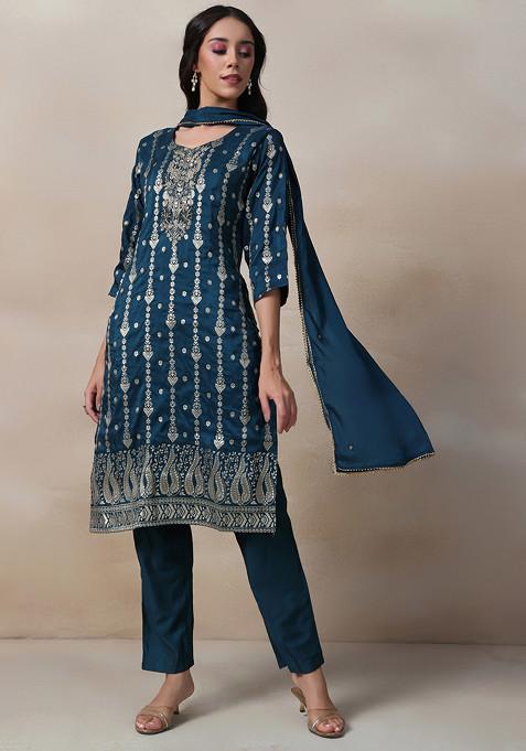 Teal Blue Cutdana Sequin Embellished Kurta Set With Pants And Dupatta