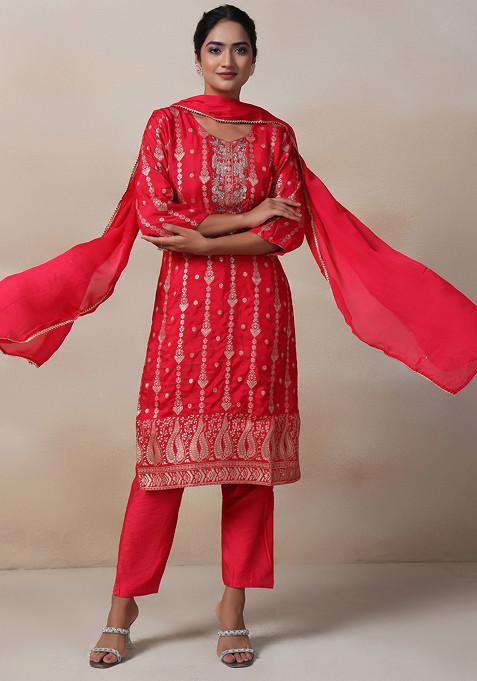 Rani Pink Cutdana Sequin Embellished Kurta Set With Pants And Dupatta