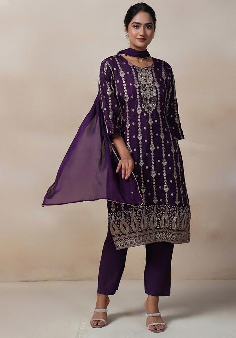 Purple Cutdana Embellished Sequin Kurta Set With Pants And Dupatta