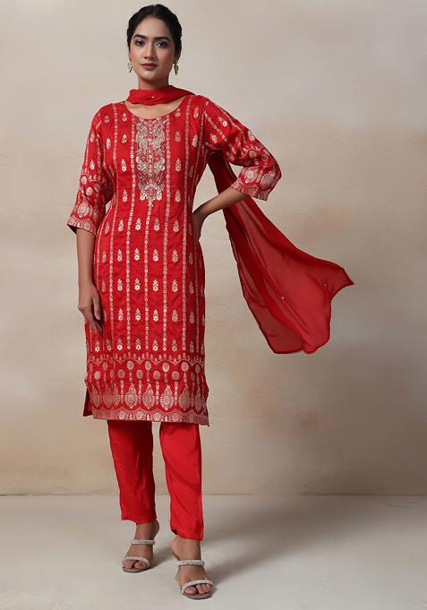 Red Cutdana Sequin Embellished Kurta Set With Pants And Dupatta