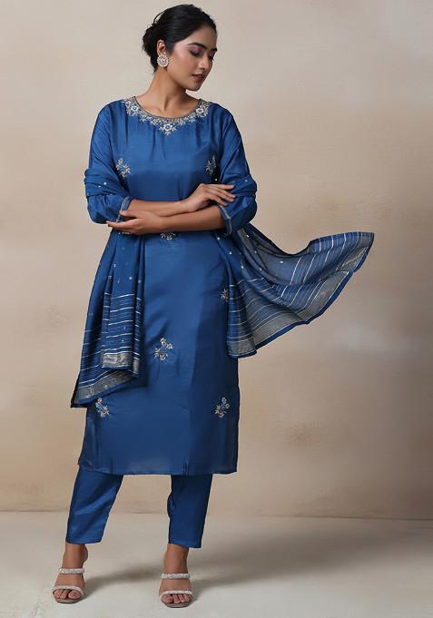 Blue Sequin Embellished Kurta Set With Pants And Brocade Dupatta