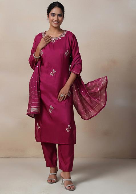 Maroon Embellished Sequin Kurta Set With Pants And Brocade Dupatta