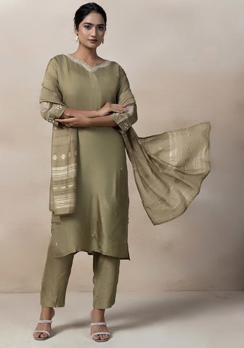 Green Bead Embellished Kurta Set With Pants And Brocade Dupatta