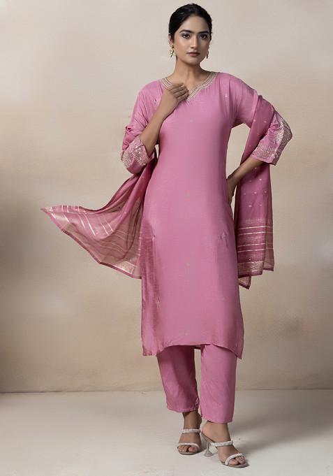 Onion Pink Bead Embellished Kurta Set With Pants And Brocade Dupatta