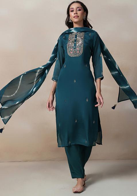 Deep Green Bead Sequin Embellished Kurta Set With Pants And Dupatta