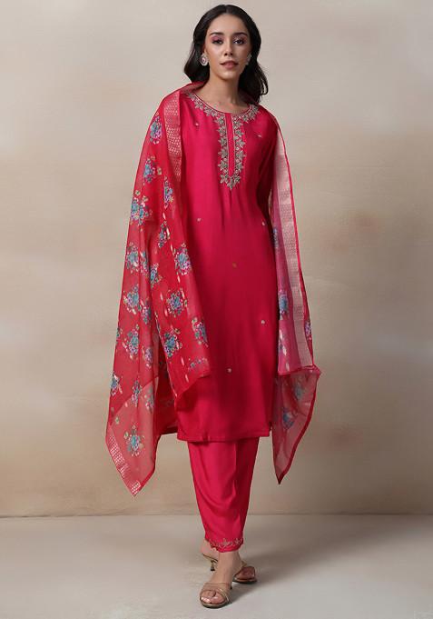 Rani Pink Bead Sequin Embellished Kurta Set With Pants And Dupatta