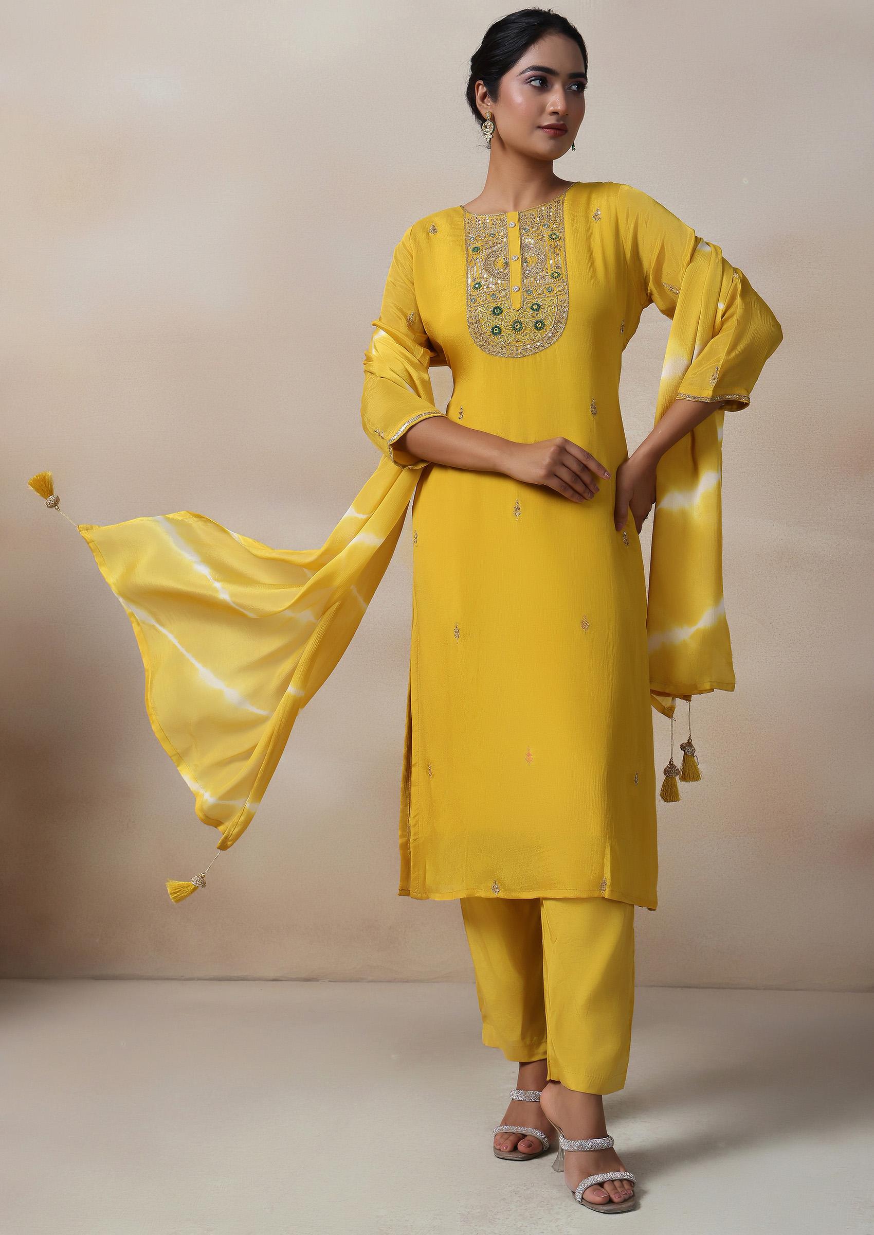 Yellow Bead Embellished Kurta Set With Pants And Dupatta