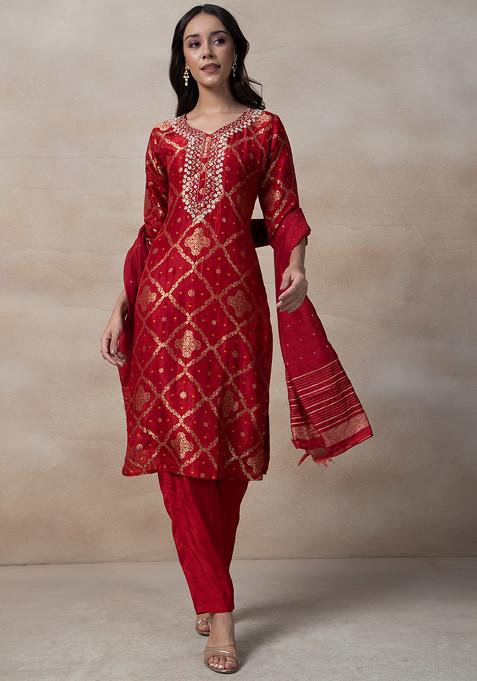 Red Bead Embellished Kurta Set With Pants And Brocade Dupatta