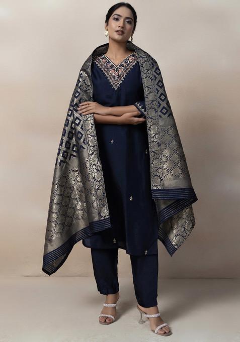 Navy Blue Cutdana Sequin Embellished Kurta Set With Pants And Brocade Dupatta