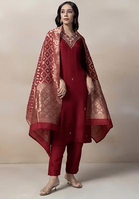 Maroon Cutdana Sequin Embellished Kurta Set With Pants And Brocade Dupatta