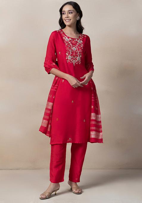 Rani Pink Cutdana Sequin Embellished Kurta Set With Pants And Brocade Dupatta