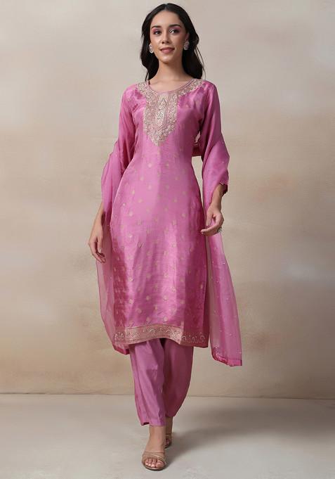 Pink Bead Sequin Embellished Kurta Set With Pants And Dupatta