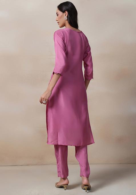 Buy Women Pink Bead Sequin Embellished Kurta Set With Pants And Dupatta ...