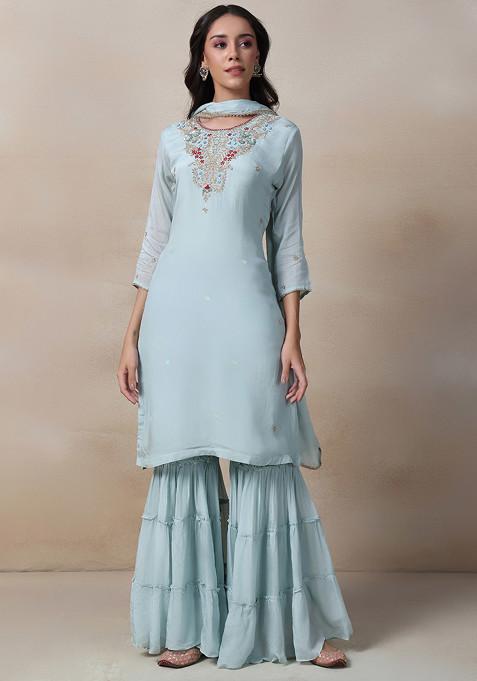 Powder Blue Mirror Sequin Embellished Sharara Set With Kurta And Dupatta